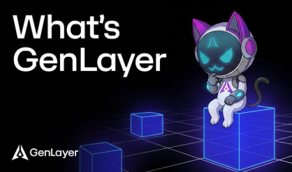 The image shows the text "What's GenLayer" alongside the GenLayer logo and a futuristic cat mascot wearing headphones, sitting on a blue cube in a cyberpunk-style digital environment. This visual supports the post's message by introducing GenLayer as the solution to smart contracts' inability to evaluate subjective, non-numerical criteria—positioning the brand as the intelligent adjudication layer the post describes.