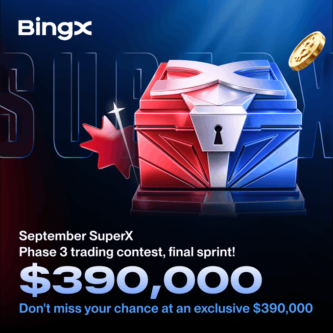A BingX cryptocurrency promotional advertisement for 'September SuperX Phase 3 trading contest, final sprint!' featuring a red and blue treasure chest and prize pool of $390,000.