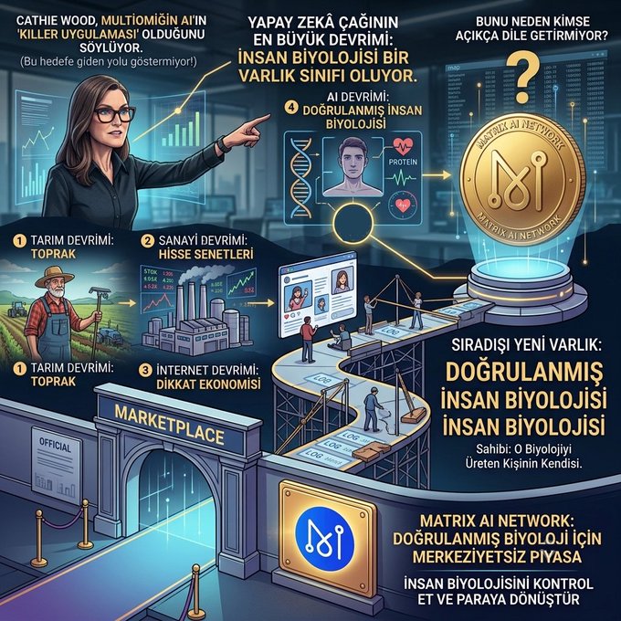 An AI-generated infographic featuring Cathie Wood discussing revolutions including Agriculture, Industrial (stocks), Internet (attention economy), and AI (verified human biology), with a 'Matrix AI Network' marketplace shown for converting human biology into money. Text includes 'YAPAY ZEKA ÇAĞININ EN BÜYÜK DEVRİMİ' and 'MATRIX AI NETWORK'.