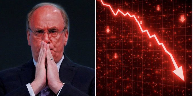 A split image showing a concerned-looking older man in a suit on the left, paired with a red digital graphic depicting a sharp downward trending arrow on a grid background, suggesting a market crash.