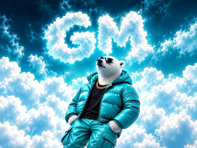 A digital illustration of an anthropomorphic polar bear wearing sunglasses, a gold chain, and a teal puffer jacket, standing against a blue sky where clouds form the letters 'GM'.