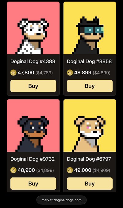 A marketplace display showing four pixelated Doginal Dog NFTs (#4388, #8858, #9732, #6797) for sale at approximately 48,000-49,000 (~$4,789-$4,909), with the website market.doginaldogs.com at the bottom.
