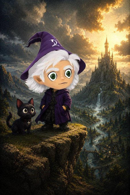 A fantasy illustration of a white-haired character in a purple wizard hat and robe standing on a cliff with a black cat, overlooking a castle and waterfall.
