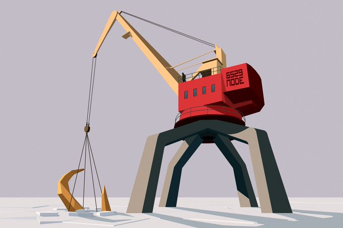 A stylized digital illustration of a red and beige industrial crane labeled '5528 NODE' mounted on four splayed legs, lifting a yellow hook mechanism above an icy ground surface.