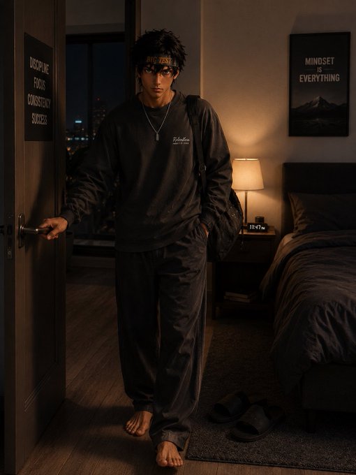 A young man in dark clothing standing in a dimly lit bedroom holding a door handle, with a 'MINDSET IS EVERYTHING' poster and 'DISCIPLINE FOCUS CONSISTENCY SUCCESS' sign visible.