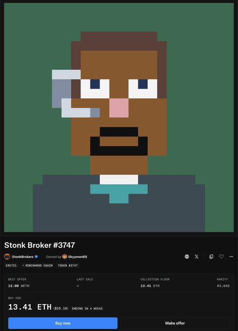 An NFT listing for 'Stonk Broker #3747' from the Robindhood Chain collection shows a pixelated character with the buy price listed at 13.41 ETH.