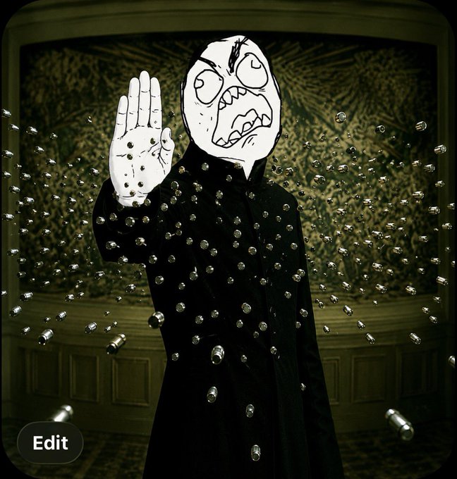 The image features a man dressed in a black coat, holding up his hand as if to wave or make a gesture. He has a face drawn on him that looks angry, giving off an intense expression. The background of the image shows a room with a green wall and a window covered by bullet holes, suggesting a scene of chaos or danger. The caption at the bottom of the image reads "Focus on what is in the image and how it relates to the post."