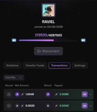 A screenshot of a gambling platform showing user "RAVIEL" (joined 03/26/2026) with a balance of 219533/4287500 and 2.0096 payout on the top Coinflip transaction, illustrating the "all-in" gambling wins referenced in the post about profiting $75 from solpump-style coinflip bets.