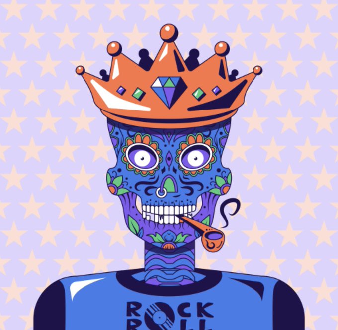 A colorful cartoon illustration of a blue-skinned sugar skull character wearing a jeweled crown, smoking a pipe, and wearing a 'ROCK N ROLL' shirt.