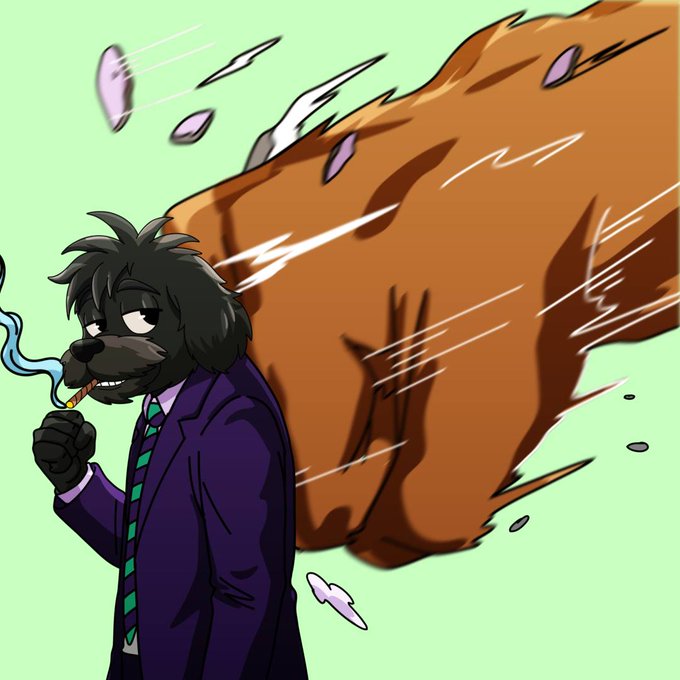 A cartoon dog in a purple suit calmly smokes a lit cigar while being slammed by a massive dust cloud, embodying the post's theme of unshakable composure—"cigar lit, nothing breaks this dog."