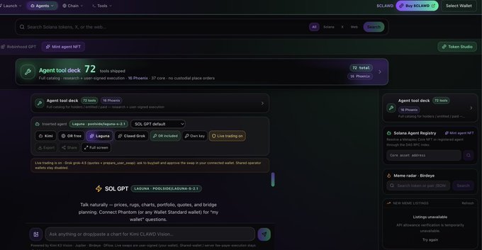 A dark-themed interface for a Solana trading platform showing 'Agent tool deck 72' with various Phantom wallet features and SOL GPT chat functionality.