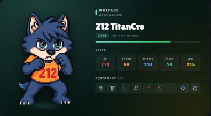 A video game interface displaying a character profile for '212 TitanCro' on WOLFSWAP.APP, showing Level 58 progress, stats (HP 773, POWER 99, DEFENSE 110, SPEED 16, CRIT 21%), and 9 equipment slots.