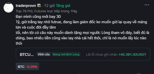A dark-themed social media post in Vietnamese from user 'traderprovn' with a verified badge, discussing PnL futures, with a highlighted entry showing +40,381.92 USDT.
