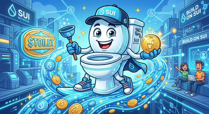 A cartoon mascot character wearing a SUI-branded cap and holding a plunger and gold coin rides on a flying toilet, with 'STOILET', 'SUI', and 'BUILD ON SUI' text visible in the background.