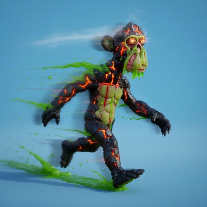 A 3D-rendered character that appears to be a stylized ape or gorilla made of dark volcanic rock with glowing orange lava cracks, shown running with green slime splashing around it.