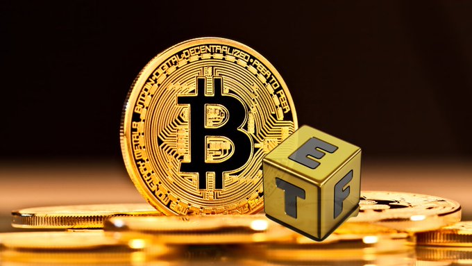 A golden Bitcoin coin stands upright next to a yellow cube with the letters 'TF', resting on a pile of gold coins.