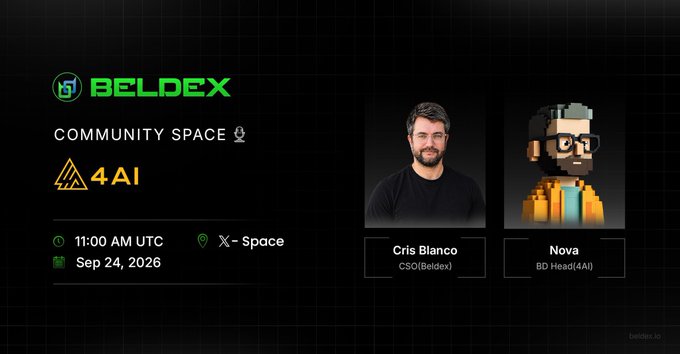 A Beldex Community Space event announcement with 4AI on September 24, 2026, featuring speakers Cris Blanco (CSO) and an 8D avatar named Nova.