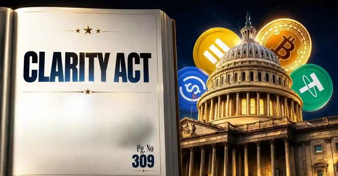 The image depicts an open legislative book displaying "CLARITY ACT" alongside the U.S. Capitol dome, with floating cryptocurrency icons (Bitcoin and others) surrounding it—symbolizing the crypto market structure bill mentioned in the post that could receive a Senate vote as early as September 15, requiring 60 votes for passage.