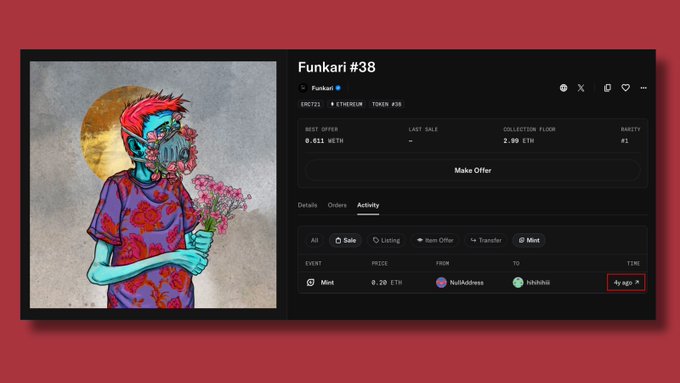 Screenshot of an NFT marketplace listing for 'Funkari #38' by Funkari on the Ethereum network, showing a best offer of 0.011 WETH and a recent mint activity from NullAddress to SabhiNft.