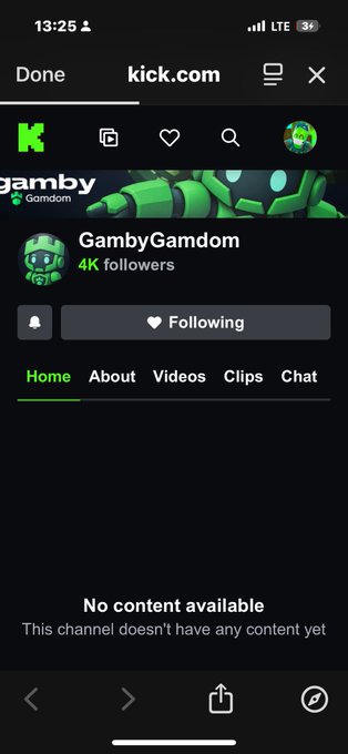 A mobile screenshot of the Kick.com streaming platform showing a channel called 'GambyGamdom' with 4K followers but no content available.