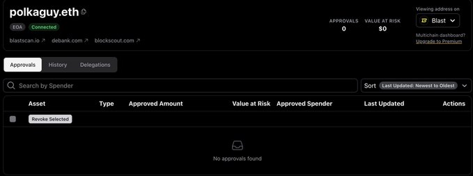 A screenshot of the polkaguy.eth DeBank dashboard showing 'Connected' EOA status on the Blast network with 0 approvals and $0 value at risk.