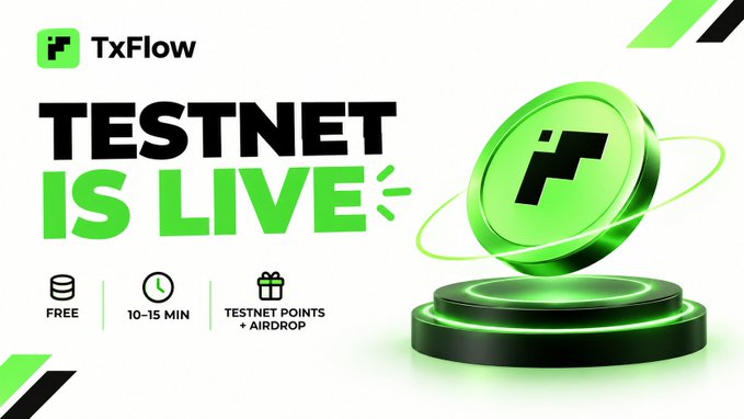 A promotional banner for 'TxFlow' announcing 'TESTNET IS LIVE' in bold black and green text, featuring a 3D green coin with the TxFlow logo and bullet points: 'FREE,' '10-15 MIN,' and 'TESTNET POINTS + AIRDROP.'