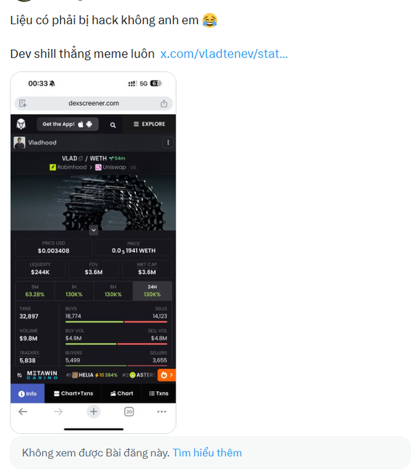 Vietnamese-language social media post asking 'Liệu có phải bị hack không anh em' (with a laughing emoji) about a memecoin VLAD, showing a Dexscreener screenshot of the VLAD/WETH pair with a $244K liquidity and 130% 5M/1H/6H/24H metrics.