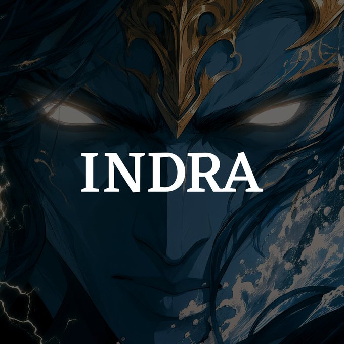 A dark, dramatic digital illustration of a male figure with glowing eyes wearing an ornate golden crown/headdress, with the word 'INDRA' displayed in large white serif letters across the center, and ocean waves on the right side.