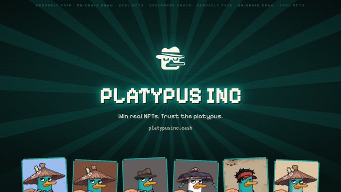 A pixel-art style promotional graphic for 'PLATYPUS INO' displays the tagline 'Win real NFTs. Trust the platypus.' with the URL platypusing.cash and several cartoon platypus characters at the bottom.
