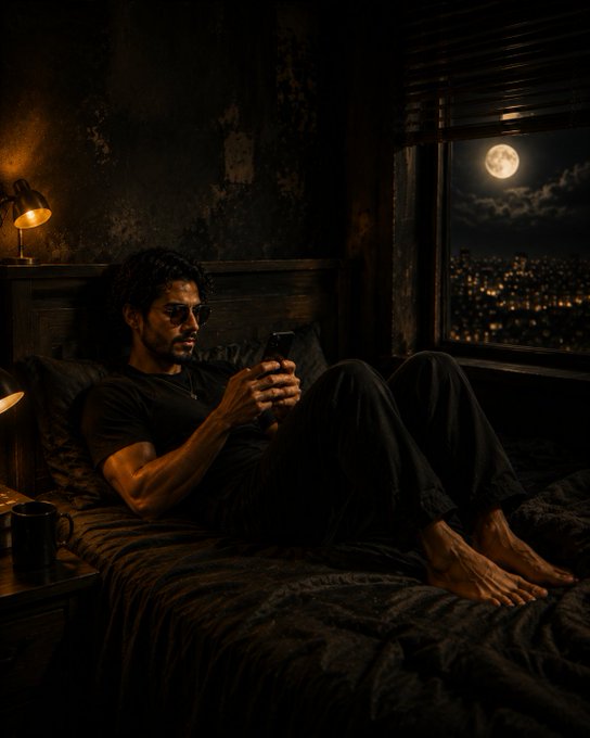 A man reclines on a bed in a dimly lit room, looking at his phone while a full moon shines through a window over a city skyline.
