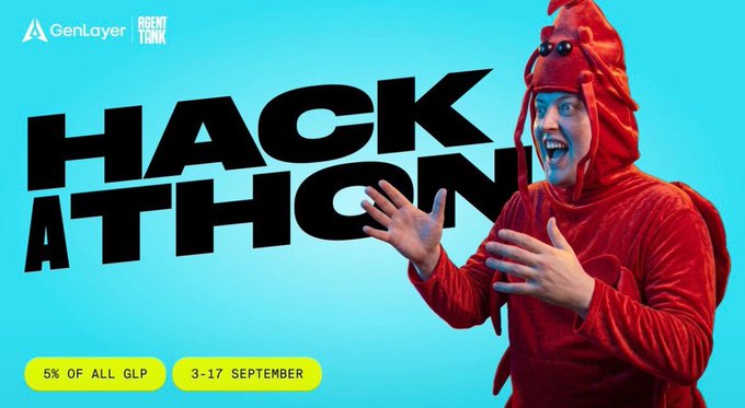 Promotional banner for 'HACKATHON' by GenLayer and Agent Tank, featuring a man in a red lobster costume, with details '5% OF ALL GLP' and '3-17 SEPTEMBER'.