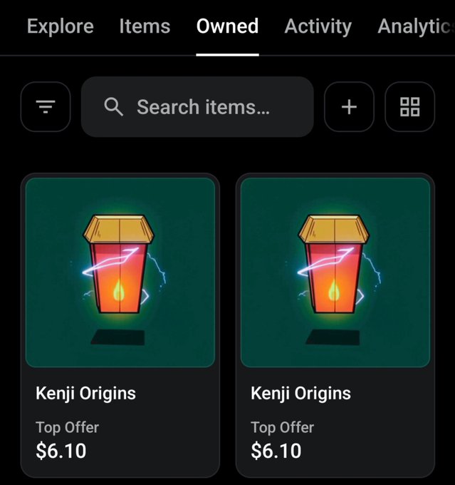 A dark-mode app interface showing the 'Owned' tab with two identical items named 'Kenji Origins' (Top Offer) priced at $6.10 each, displayed as glowing red boxes.