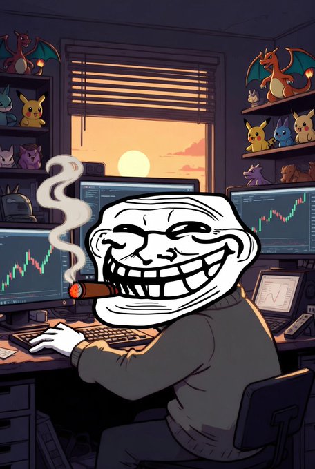 An illustration of a Trollface meme character wearing a sweater and smoking a cigar while sitting at a desk with multiple computer monitors displaying stock charts, surrounded by Pokemon figurines on shelves.