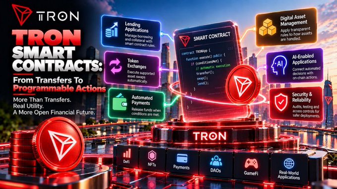 A promotional graphic for 'TRON SMART CONTRACTS' titled 'From Transfers To Programmable Actions,' highlighting features like Lending Applications, Token Exchanges, and AI-Enabled Applications with a neon-lit cityscape background.