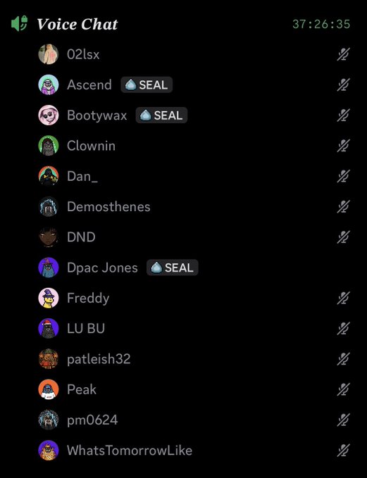 A Discord voice chat participant list showing 14 users (including 02lsx, Ascend, Bootywax, and others), with Ascend, Bootywax, and Dpac Jones marked with 'SEAL' badges and a timer reading 37:26:35.