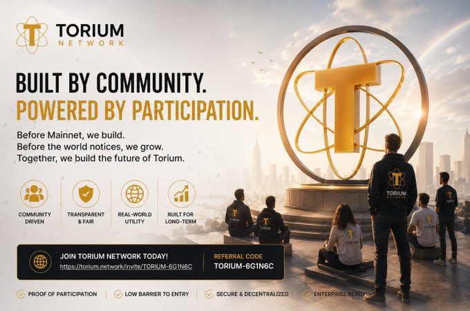 Promotional advertisement for the Torium Network with the tagline 'BUILT BY COMMUNITY. POWERED BY PARTICIPATION.' showing people in branded hoodies and a referral code 'TORIUM-BGIN6C'.
