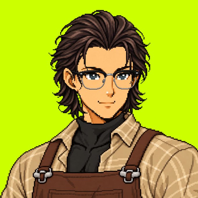 Pixel art illustration of a young man with brown hair, glasses, and a slight smile, wearing a plaid shirt with brown overalls against a bright green background.