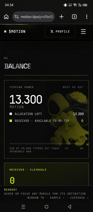 A screenshot of the motion.tips profile page for $MOTION, showing a balance of 13,300 with 13,300 allocation left and 0 received available to re-tip, demonstrating the first step in the tipping tutorial where users check their balance before replying with "@tipmotion [amount]" to tip creators.