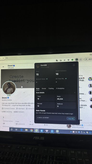 A laptop screen shows a Twitter/X profile for 'Demi' (@Demi396688) with an overlay displaying 'Aura: 15', 'Smart Followers: 16', 'Total: 15', 'Rank: #6,204', and a referral code 'X-KAITO_ALPHA7'.