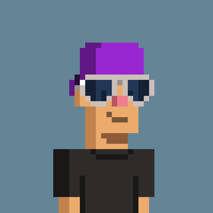 A pixel art portrait of a character with purple hair and a tan complexion wearing white-rimmed sunglasses and a black shirt, set against a blue background.