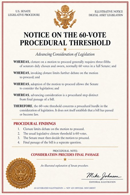 The image is an illustrative notice titled "Notice on the 60-Vote Procedural Threshold," explaining that cloture on a motion to proceed typically requires 60 votes in the Senate and addresses misconceptions about advancing versus passing legislation. It relates to the accompanying post about the CLARITY Act and $XRP by clarifying that while the 60-vote threshold is a significant procedural hurdle for digital asset legislation in the Senate, it only allows consideration of the bill and does not itself constitute final passage.