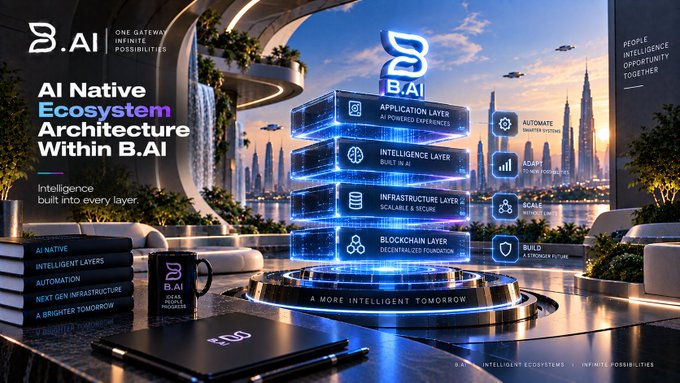 Promotional image for B.AI titled 'AI Native Ecosystem Architecture Within B.AI,' displaying a four-layer stack (Application Layer, Intelligence Layer, Infrastructure Layer, Blockchain Layer) in a futuristic skyline setting.