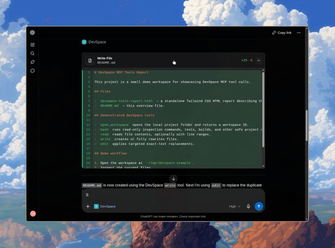 A dark-themed text editor window titled 'DevSpace' shows a README.md file with the header '# DevSpace MCP Tools Report' displayed over a scenic mountain and sky background.