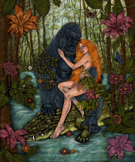 An illustration depicts a nude red-haired woman embracing a gorilla in a lush jungle setting with a crocodile below them.