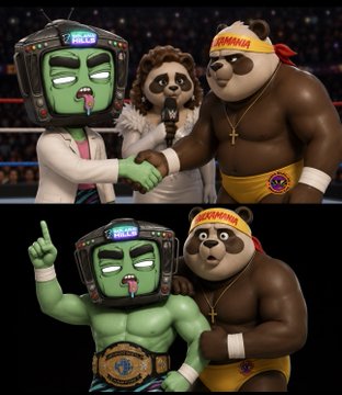 The image shows a wrestling ring scene featuring a muscular green-skinned fighter wearing a TV helmet labeled "420," alongside a large brown panda character wearing a "KUNG FU" headband and holding a microphone, with both characters later posing together with the panda displaying a championship belt—visually symbolizing victory and dominance as holders of the featured NFT collections.