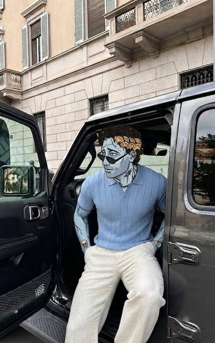An artistic illustration depicts a blue-skinned figure with a gold laurel wreath, sunglasses, a blue polo shirt, and cream pants standing at the open door of a dark SUV parked on a street.