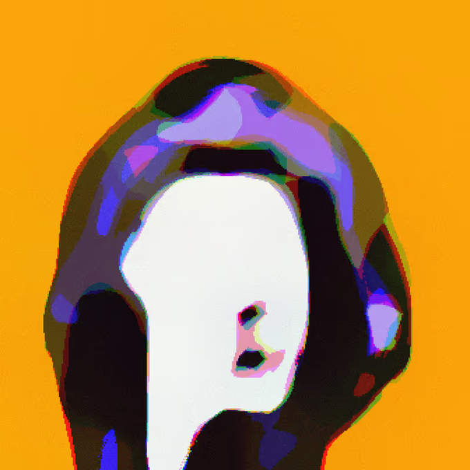 A stylized digital illustration of a hooded figure with a featureless white face against an orange background, rendered in purple, black, and green tones.