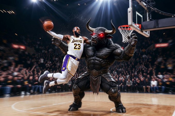 A dramatic digital illustration of LeBron James in a Lakers #23 jersey driving to the basket against a massive, armored minotaur-like creature with glowing red eyes in a crowded arena.