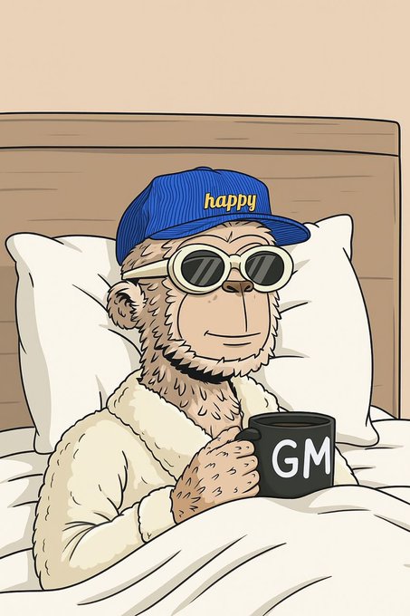 An illustration of a monkey character wearing a blue 'happy' cap and sunglasses, sitting in bed and holding a black mug labeled 'GM'.