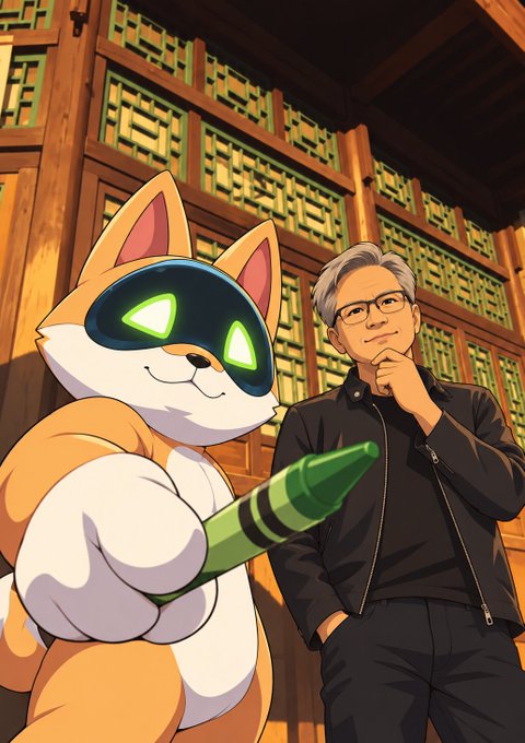 An anime-style illustration featuring a white and orange fox-like robotic character with glowing green eyes holding a green tube, standing next to an older man with glasses in a black jacket, with traditional Asian architecture in the background.